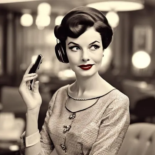 Prompt: Create fine tune image of a stylish woman in her early 60's, dressed in elegant vintage attire from the 1960s. She should be holding an iPhone to her ear and engaged in a phone conversation. The setting should evoke the ambiance of the early 1960s with retro elements such as vintage furniture and decor. The woman's expression should be cheerful and sophisticated, capturing the essence of the era while seamlessly incorporating the modern-day iPhone into the scene.
