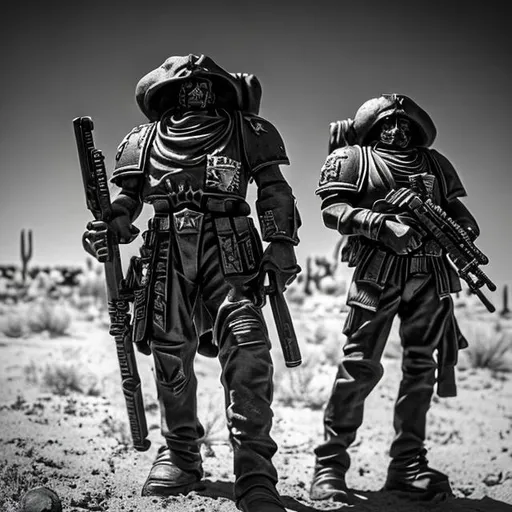 Prompt: warhammer 40k, guerilla warfare, desert, monochrome