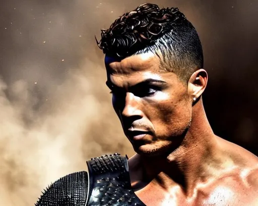 Prompt: Ronaldo  30 years old, wearing black armour, sleeveless, determined, fierce, hero, dirty, dramatic, human, cinematic lighting, caustic, in outdoor village, ethereal, wild hair, brown eyes, ethereal, jewelry set, stunning, royal vibe, highly detailed, digital painting, Trending on artstation , HD quality, tan skin, art germ, by Ilya Kuvshinov


