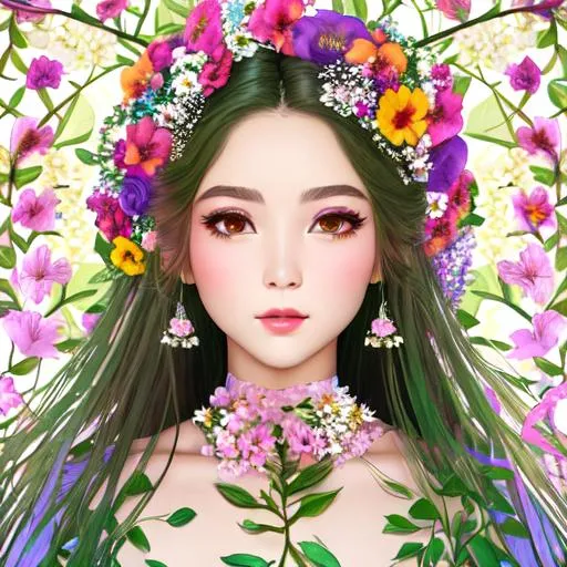 Prompt: flowers sprouting everywhere from all over the body including the eye sockets and the clothes are made out of flowers too hair made out of thin vines with blooming flowers skin covered with flower petals mouth with flowers nostrils with flowers eyelashes flowers