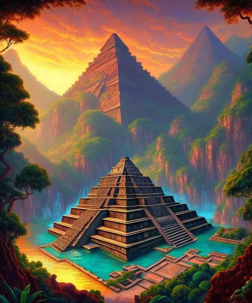 Prompt: A hidden Aztec pyramid in a tropical mountain valley, river, a red sunset, valley, giant trees, waterfall, + dreamy natural colors, painting by michealangelo, dreamy colors, intricate details + diffused light + fantasy painting + surrealistic + ultra realistic + unreal engine

