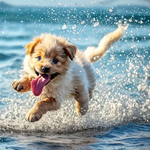Prompt: A cute puppy running through the ocean and finding a fish