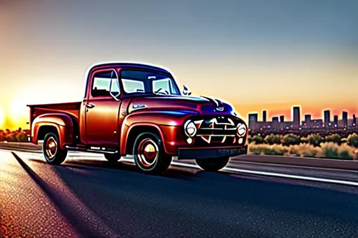 Prompt: A driver in front seat of a 1953 Ford F-100 Panel Truck, Dull Red. On the I-10 Freeway in heavy traffic heading towards Downtown Los Angeles. Golden hour. 