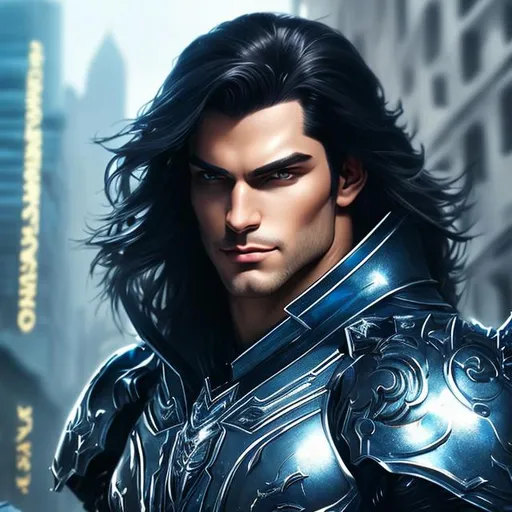 Prompt: Handsome man, muscular, long black hair, pale skin, blue eyes, fantasy art style, painting, armour, biological mechanical, evil, full body, pipes, metal, chrome, reflective, cyborg, fighting, detailed face, detailed, hyper detailed, handsome, mischievous  
