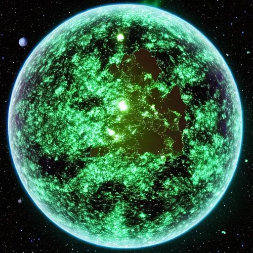 Prompt:  in space, glowing in the middle there is a spherical white and green island .