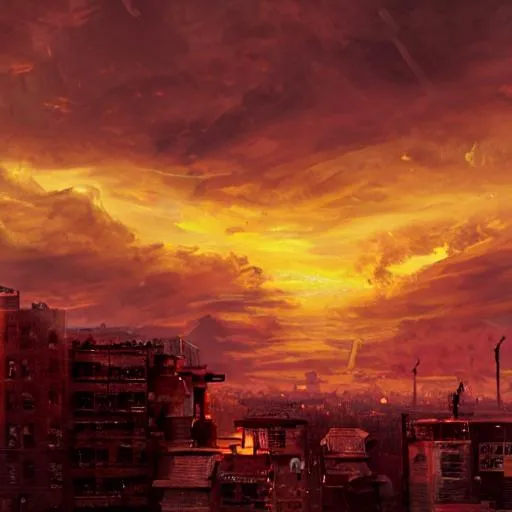 Prompt: epic views of a post apocalyptic london, concept art, trending on artstation, photorealistic, cinematographic, epic lighting, 4K resolution, use extra tall buildings with significant visible damage to include large holes and fire, with orange sky