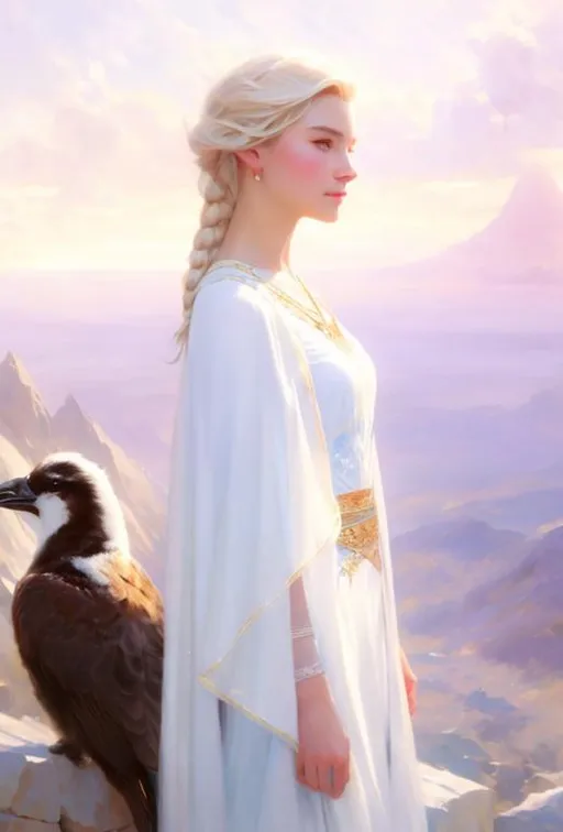 Prompt: Elsa staring out into the horizon,  perfect features, extremely detailed, realistic. Krenz Cushart + loish +gaston bussiere +craig mullins, j. c. leyendecker +Artgerm