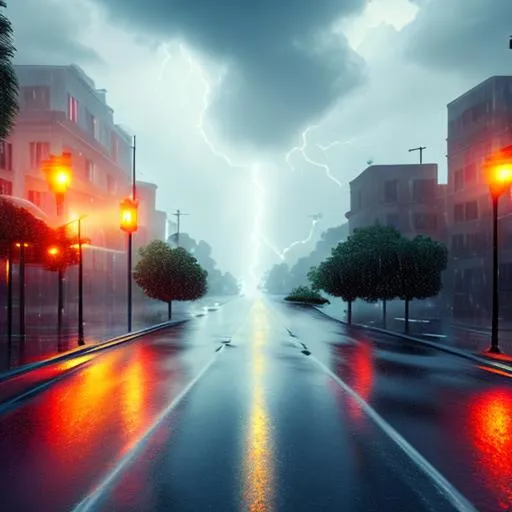 Prompt: cars road driver's view, heavy rain, thunderstorm and lighting, empty street, eerie, hyper detailed, illustration, 4k 8kstreet in suburb, affluent neighborhood, rain, summer, Los Angeles