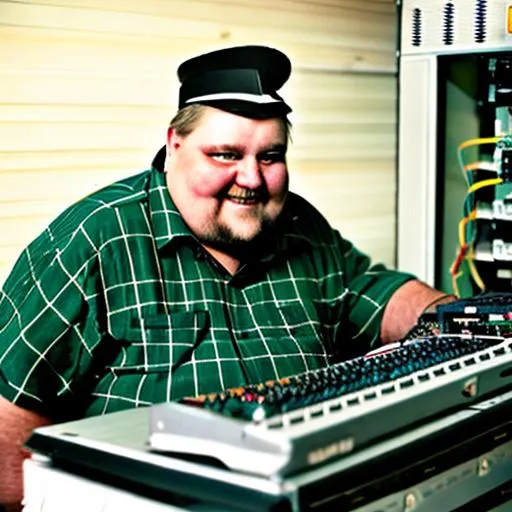 Prompt: old fat computer technician with beer