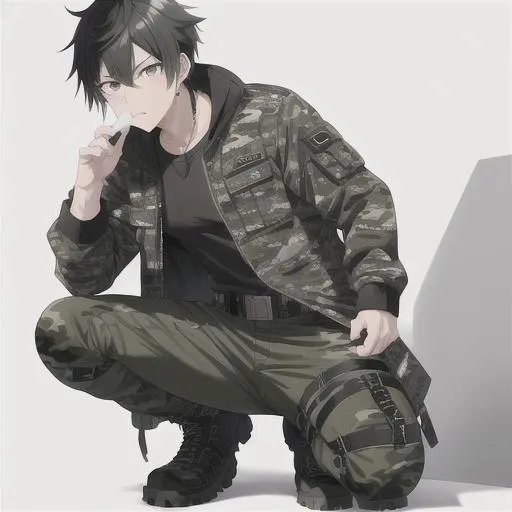 Prompt:  Yuichi 1male. {{Black spiky hair}} Wearing a camouflage jacket, cargo pants, sturdy boots, utility belt with pockets. Adam Manyoki, UHD. 4K. Highly detailed face. Adult. Squatting on the ground, extending his hand out