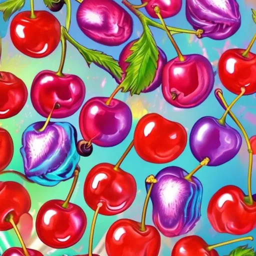 Prompt: Cherries in the style of Lisa frank