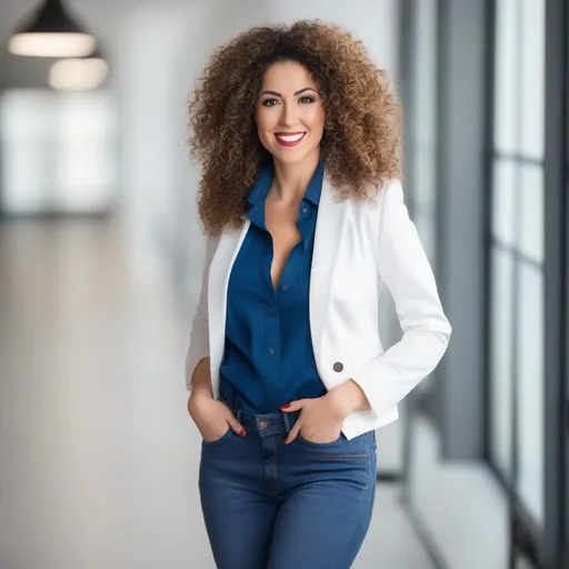 Prompt: An attractive 35 year old woman with very curly hair, elegant, large eyes, modern, stylish makeup, full body view, white tshirt with a jacket and blue jeans, happy, smiling, (erotic), office background