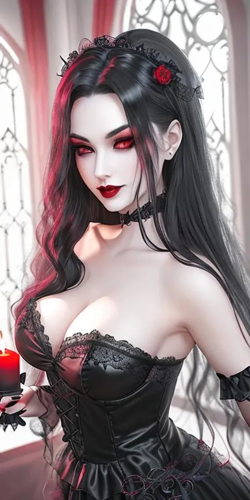 Prompt: A goth vampire girl with black lace dress, ((pale skin)), ((dark red lipstick)), ((intense crimson eyes)), long ((jet-black)) hair cascading over her shoulders, ((elegant)) fangs peeking out from her lips, ((sinister)) smirk illuminated by the flickering candlelight, standing in front of a ((creepy)) Gothic mansion adorned with ((ornate)) gargoyles and ivy-covered walls. Behind her, a full moon casts an eerie glow, casting long shadows across the ((desolate)) graveyard scattered with crumbling tombstones.