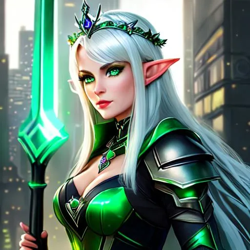 Prompt: Portrait of beautiful elf queen, silver hair, green emerald eyes,  maid dress, scythe weapon, cyberpunk style city, glowing city, glowing building lights, 