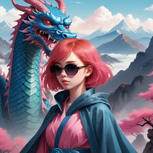 Prompt: The cover of a novel, a young girl with shaved short red hair, wearing a cloak, faces down a large blue and pink chinese dragon with mountains in the background, she wears large dark sunglasses, techno style, anime