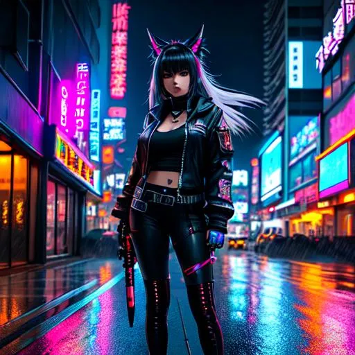 Prompt: hyper realistic, cyberpunk girl, anime, cute, full body, Oni mask, cyberpunk city at night, dramatic, action pose, katana in hand, 8k, post apocalyptic cyberpunk world, raining, street view, grungy style, face exposed, intricate detail, dark sky, wires littering buildings, high skyscrapers, realistic body, busy streets, symmetrical face, perfect features, strong body type, KDA art style, protagonist, perfect eyes, perfect face, Oni mask covering nose and mouth, 