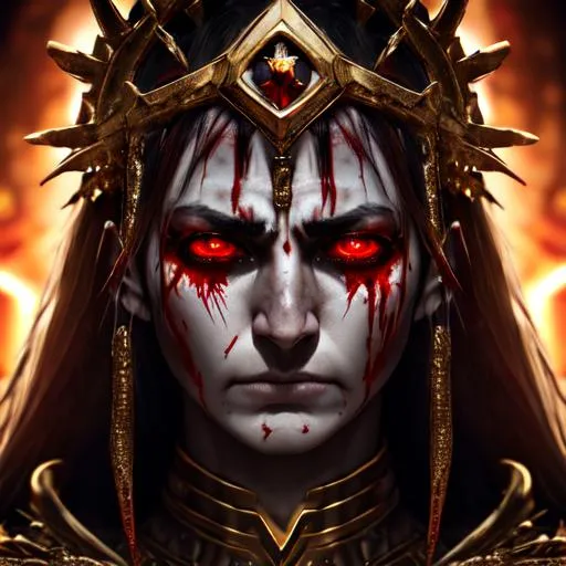 Prompt: Bored, Dark, Darkness, War Chief, Crying blood, cracked skin, red, gold, god-like figure, diety, divine, evil, Highly Detailed, Hyperrealistic, sharp focus, Professional, UHD, HDR, 8K, Render, HD, Trending on ArtStation, Portrait