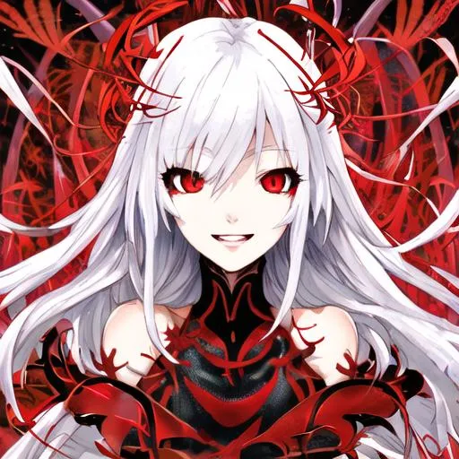 Prompt: A smooth high resolution portrait of a laughing anime girl with white silver hair and red crimson eyes, surrounded with red spider lilies