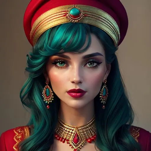 Prompt: Beautiful ethereal woman. color scheme of tuquoise and red., wearing turquoise and gold jewlry, wearing a red hat, facial closeup