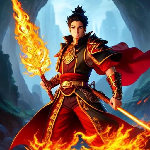 Prompt: Full-body detailed masterpiece, fantasy, high-res, quality upscaled image, perfect composition, head shot, subject of this image is a fire Gensai from dungeons and dragons with their left hand holding a small flame, and a wizard staff being held by their right hand. , athletic torso, 18k composition, 16k, 2D image, cell shaded, athletic torso, desert dunes night time background, red fire aura, desert, night, woman