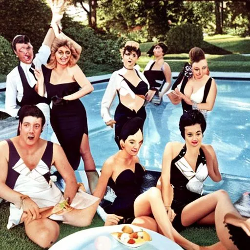 Prompt: 1960s pool party with celebrities wearing black tie attire and there is a spaceship 