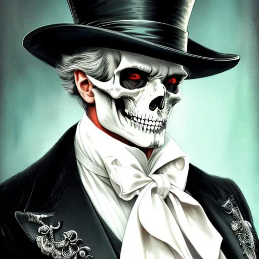 Prompt: evil, fantasy, UHD, 8k, high quality, hyper realism, Very detailed, oil painting, portrait of an skull man wearing a top hat and a black suit in a dark background