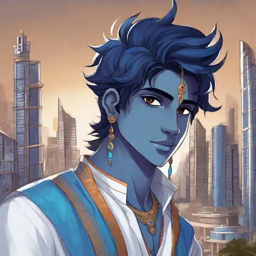 Prompt: Blue skin tone. A cute young 20 years old hindu boy. He has vishnu blue skin tone.  he wiled a bow. he has blue  skin tone. in background an indian modern city. cute. Rpg art. 2d art. 2d. Well draw face. Detailed. 