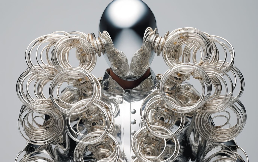 Prompt: human made of oscillating chrome rings