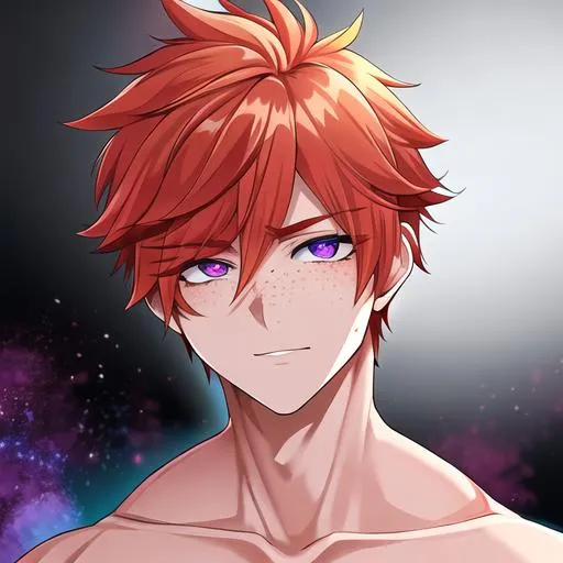 Prompt: Erikku male (short ginger hair, freckles, right eye blue left eye purple) UHD, 8K, Highly detailed, insane detail, best quality, high quality, Upset, muscular