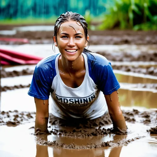 Prompt: photo of young woman, soaking wet clothes, muddy long tight blue jeans, muddy white t-shirt,  , mud run,   enjoying, water dripping from clothes, clothes stuck to body,  detailed textures of the wet fabric, wet face, wet plastered hair,  wet, drenched, professional, high-quality details, full body view.