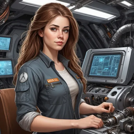 Prompt: Create a realistic-style digital art illustration of a 27 year old white female character working as a mechanic/techie in a spaceship. The character should have an average build and brown long hair. The drawing should be from the waist up, showcasing the character's torso. Please include some futuristic machinery or equipment in the background.