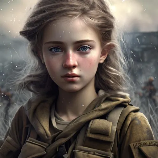 Prompt: Hyperrealistic beautiful girl at war, 4k, wallpaper