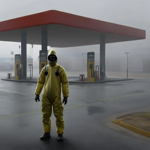 Prompt: Guy in a hazmat suit standing at an empty gas station at day with fog