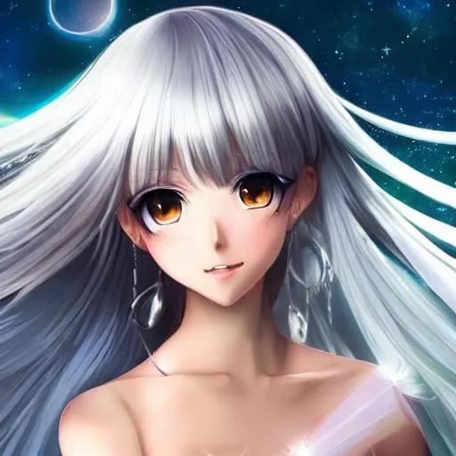 Prompt: ultra detailed artistic anime photography, white silky hair, beautiful gorgeous smile, off-shoulder bodysuit, full-body, night sky, detailed gorgeous face, dreamy, glowing, backlit, glamour,looking for someone, glimmer, shadows, oil on canvas, brush strokes, smooth, ultra high definition, 8k, unreal engine 5, ultra sharp focus, art by alberto seveso, artgerm, loish, sf, intricate artwork masterpiece, ominous, matte painting movie poster, golden ratio, trending on cgsociety, intricate, epic, trending on artstation, by artgerm, h. r. giger and beksinski, highly detailed, vibrant, production cinematic character render, ultra high quality model, pale