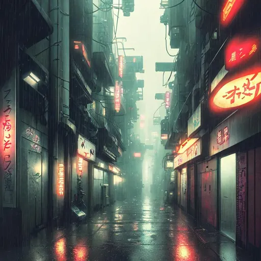 Prompt: A dystopian neo Tokyo alleyway, blade runner, raining