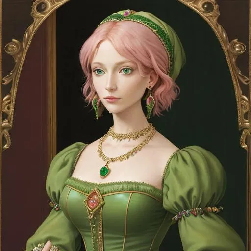 Prompt: Woman with pink hair, green eyes, in Renaissance dress, gold earrings and necklace, emeralds and sapphires 