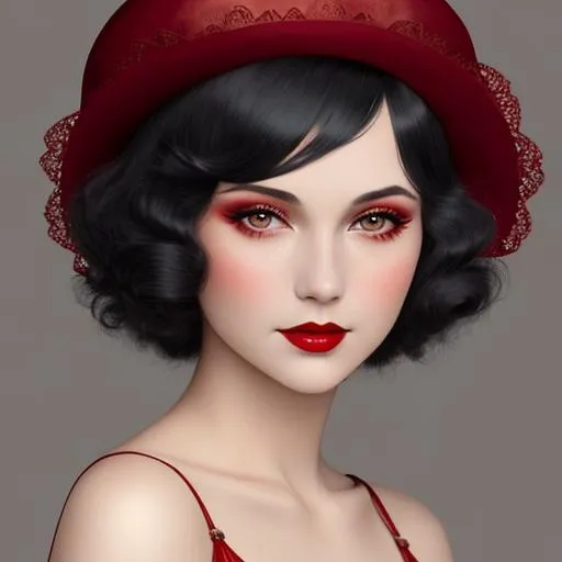 Prompt: a pretty girl  dressed in red,  flapper, wearing a  large red hat 1920's era, bob hair cut, 1920's era makeup, facial closeup