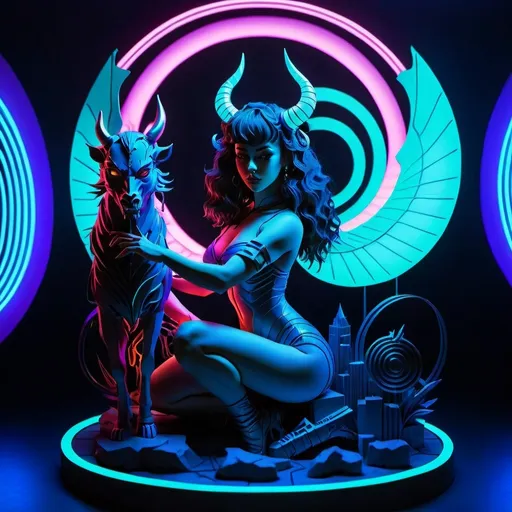 Prompt: a beautiful female demon in a dynamic pose in a retro futuristic synthwave cyberpunk neon paradise.  neon lighting, high quality, beautiful, synthwave, cyber, retro, futuristic