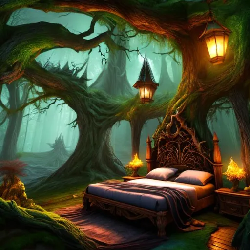 Prompt: fantasy forest, bedroom interior, UHD, HD, 8K, forest themed