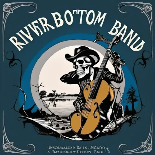 Prompt: Salvador Dalí style vision,  banjo, skull, precise, melting, cowboy hat, “River Bottom Band”