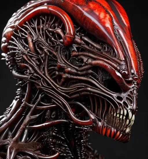 Prompt: Realistic ultra detailed pic of alien giger made of red obsidian turquoise shell bone coral jet