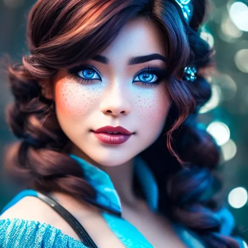 Prompt: An Attractive Dwarf Women {Dark Skin, muscular, black hair with red highlights, freckles on cheeks, blue-within-blue colored eyes}, transparent clothing, Vintage aesthetic, 