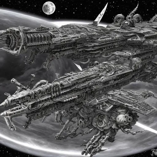 Prompt: Infinite corrupted starship fleet in open space, dark, black and white, Manga, space, Junji Ito, cosmic horror, disturbing, biomechanical