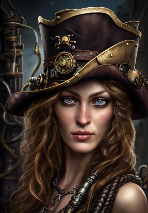 Prompt: Portrait of a woman, pirate hat, steampunk, pistol, 8k, high definition, hyperrealist, fantasy.