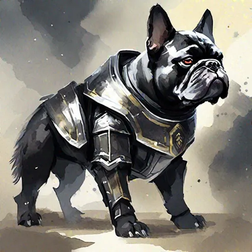 Prompt: Pact Alliance War Dog, bulldog-like, black fur with a small white patch, black armor, masterpiece, best quality, (in watercolor painting style)