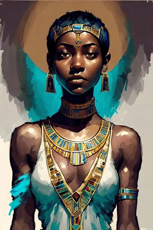 Prompt: a woman, depicted as a young woman with ebony skin, pixie cut, adorned in modest traditional Egyptian attire. She exudes strength and determination, her eyes reflecting a sense of resilience. she sits by the river nile looking ethereal, around the her are ethereal figures of Egyptian gods and goddesses ,The gods stand as guardians and guides, each radiating their unique aura and holding their sacred symbols, The figures of Anubis, Bastet, and Horus, among others, lend a touch of mysticism to the composition,

A subtle golden border frames the artwork, adding a touch of regal elegance to the cover design, The background showcases the sprawling golden sands of the desert, stretching far into the distance under a radiant sun setting over the horizon. The warm hues of orange and amber bathe the scene in an enchanting glow, evoking a sense of timeless magic.

In the foreground, towering pyramids rise majestically, their triangular silhouettes reaching towards the heavens. Each pyramid bears intricate hieroglyphics, telling stories of ancient pharaohs and gods. The pyramids cast elongated shadows that add depth and mystery to the composition.


the essence of ancient Egypt, combining elements of mythology, adventure, and the power of destiny. 





,Dreamy ambiance, epic proportion, epic composition, 2D illustration, 2D vector art, 2D digital painting, 2D flat color, 2D art, vibrant color, contrast, detailed brush stroke, detailed digital illustration, cinematic lighting, volumetric lighting, iridescent lighting reflection, reflection, beautiful shading, ray tracing, symmetrical, professional illustration, HD, UHD, 64K, 
Model: Anything V4