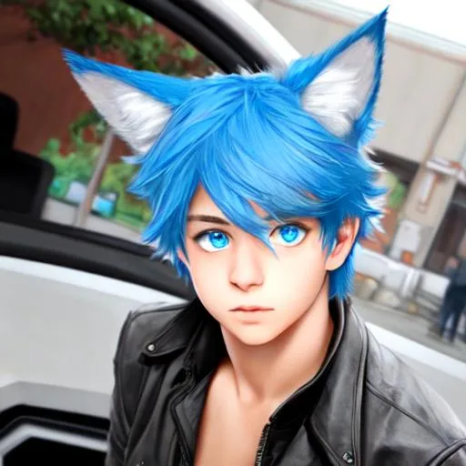 Prompt: A 26 years cute boy with blue eyes and wolf ears, motorist 
