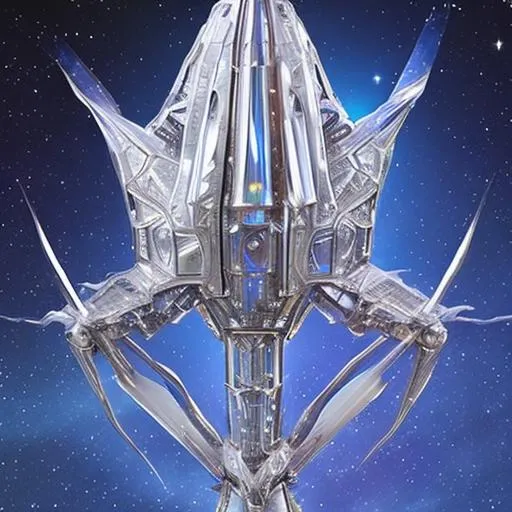 Prompt: Bio-Space ship of metallic flesh, crystal form, squid ship, symmetrical , in the style of startrek