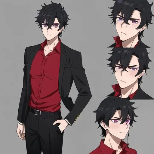 Prompt: Male young adult, 19, (Short black messy hair falling between the eyes, sharp and tired purple eyes, and a feminine body), red shirt untucked, black pants, sloppily dressed,  Black piercings, highly detailed face, 8K, Insane detail, best quality, UHD, highschooler, handsome, flirty, blushing, shy, unkempt apperance