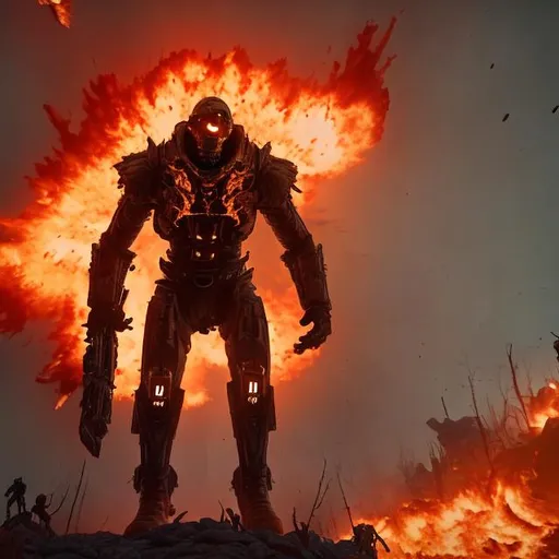 Prompt: A bleeding Titan fall pilot Standing in the middle of a fiery battle field 